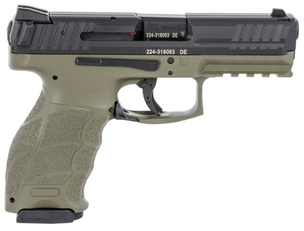 Picture of Hk Vp 9Mm Luger Caliber With 4.09" Barrel, 17+1 Capacity, Green Finish Picatinny Rail Frame, Serrated Black Steel Slide & Finger Grooved Interchangeable Backstrap Grip Includes 2 Mags 