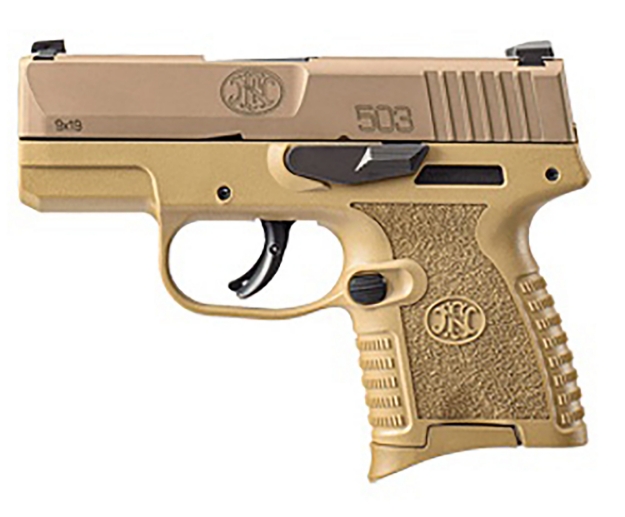 Picture of Fn 503 Striker Fire 9Mm Luger 3.10" Barrel, 6+1 Or 8+1, Flat Dark Earth Polymer Frame, Flat Dark Earth Steel Slide, Loaded Chamber Indicator 