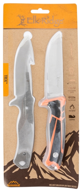 Picture of Elk Ridge Trek Interchangeable Blades 4.50" Fixed Gut Hook/Drop Point Plain Satin 8Cr13mov Ss Blade/ Black/Orange Tpr Handle Features Clamshell Packaging Includes Sheath 