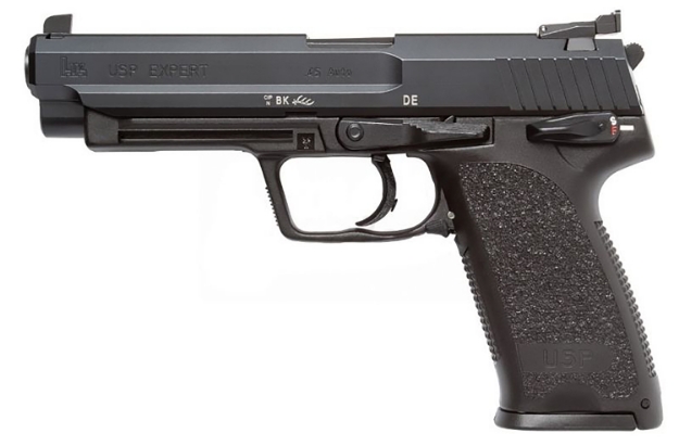 Picture of Hk Usp Expert V1 Sa/Da 45 Acp Caliber With 5.19" Barrel, 12+1 Capacity, Overall Black Finish, Serrated Trigger Guard Frame, Serrated Long Steel Slide & Polymer Grip Includes 2 Mags 