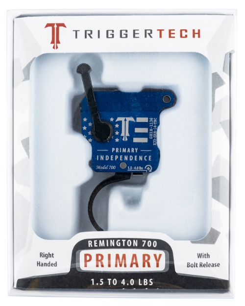 Picture of Triggertech Primary Independence Single-Stage Curved Trigger With 1.50-4 Lbs Draw Weight, Red & Blue With White Engraving Finish For Remington 700 