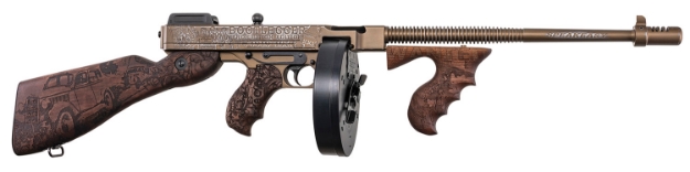 Picture of Thompson 1927A-1 Deluxe Bootlegger 45 Acp 16.50" 20+1 Stick, 50+1 Drum Distressed Burnt Bronze Cerakote Engraved Rec Stained American Walnut Engraved Fixed Pistol Grip Stock Right Hand 