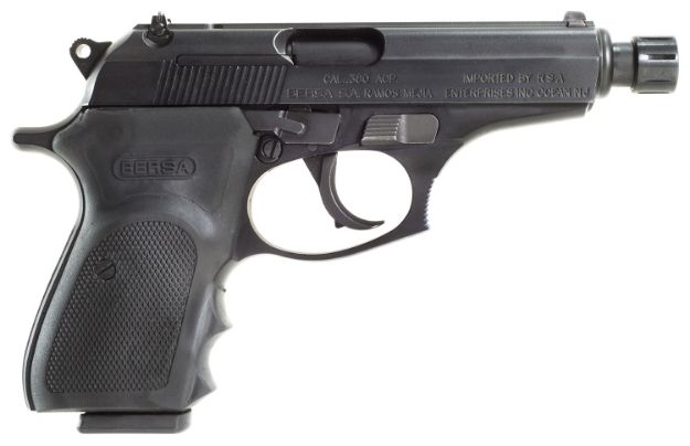 Picture of Bersa Thunder 380 Acp 8+1 3.50" Threaded Barrel, Matte Black Finished Aluminum Frame, Serrated Steel Slide, Finger Grooved Texture Polymer Grip, Manual Safety 