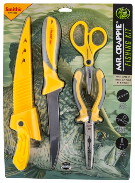 Picture of Smiths Products Mr. Crappie Fishing Combo 6" Fixed Fillet Plain 400 Stainless Steel Blade Gray/Yellow Tpe Handle Features Braid Line Scissors/Pliers Includes Pliers/Scissors/Sheath 