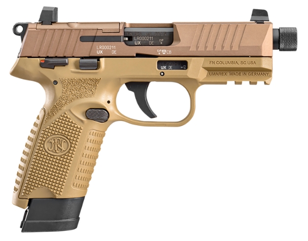 Picture of Fn 502 Tactical 22 Lr 10+1 15+1 4.60" Threaded Barrel, Flat Dark Earth Serrated/Optic Ready Slide, Fde Polymer W/Picatinny Rail Frame & Textured Polymer Grip 