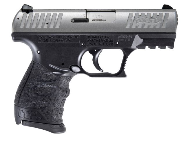 Picture of Walther Arms Ccp M2 + 9Mm Luger Caliber With 3.54" Barrel, 8+1 Capacity, Black Finish Picatinny Rail Frame, Serrated Sliver Stainless Steel Slide & Finger Grooved Polymer Grip 