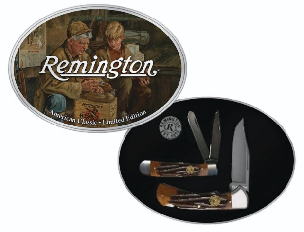 Picture of Remington Accessories American Classic Limited Edition Gift Tin 3.50" Folding Plain Stainless Steel Blade/Coffee Brown W/Remington Medallion Bone Handle 