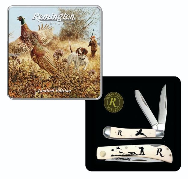 Picture of Remington Accessories Flushing Pheasant Limited Edition Gift Tin 2.75"/3.50" Folding Plain Stainless Steel Blade White W/Etched Upland Hunting Scene Bone Handle 