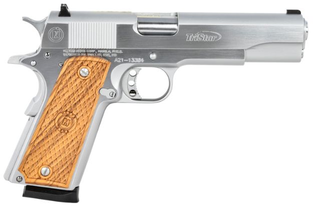 Picture of Tristar American Classic Government 1911 45 Acp Caliber With 5" Barrel, 8+1 Capacity, Overall Chrome Finish Steel, Beavertail Frame, Serrated Slide & Wood Grip 