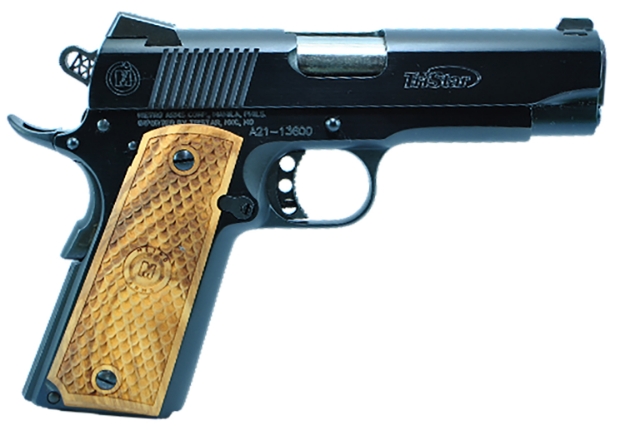 Picture of Tristar American Classic Commander 1911 45 Acp Caliber With 4.25" Barrel, 8+1 Capacity, Overall Blued Finish Steel, Beavertail Frame, Serrated Slide & Wood Grip 