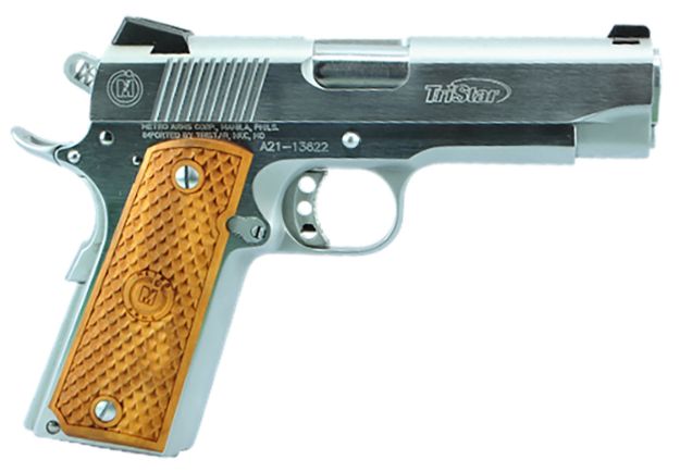 Picture of Tristar American Classic Commander 1911 45 Acp Caliber With 4.25" Barrel, 8+1 Capacity, Overall Chrome Finish Steel, Beavertail Frame, Serrated Slide & Wood Grip 