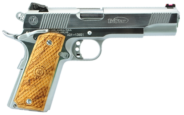 Picture of Tristar American Classic Trophy 1911 45 Acp Caliber With 5" Barrel, 8+1 Capacity, Overall Chrome Finish Steel, Beavertail Frame, Serrated Slide & Wood Grip 