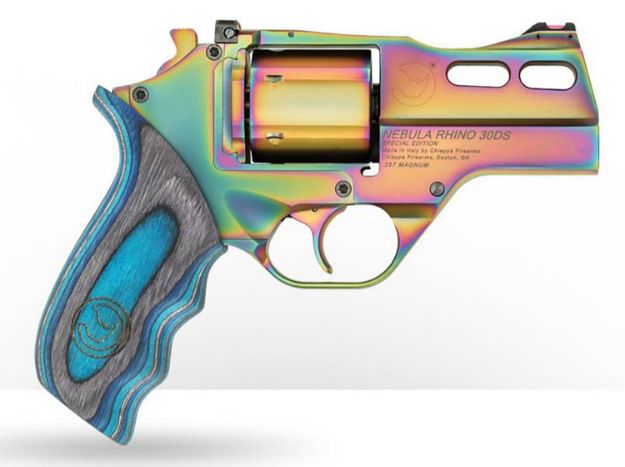 Picture of Chiappa Firearms Rhino 30Ds Nebula 357 Mag Caliber With 3" Vent Rib Barrel, 6Rd Capacity, Overall Rainbow Pvd Metal Finish & Blue Laminate Grip 