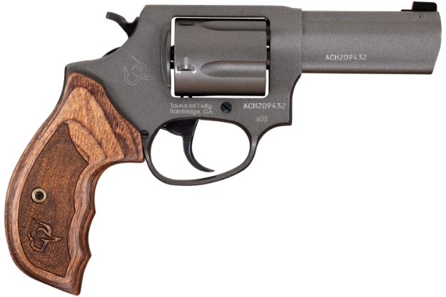 Picture of Taurus 605 Sa/Da 38 Special +P Or 357 Mag Caliber With 3" Barrel, 5Rd Capacity Cylinder, Overall Tungsten Gray Cerakote Finish Steel, Altamont Wood Grip & Night Front Sight 