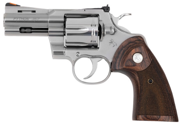 Picture of Colt Mfg Python 38 Special Or 357 Mag Caliber With 3" Vent Rib Barrel, 6Rd Capacity Cylinder, Overall Semi-Bright Finish Stainless Steel & Walnut Target Grip 