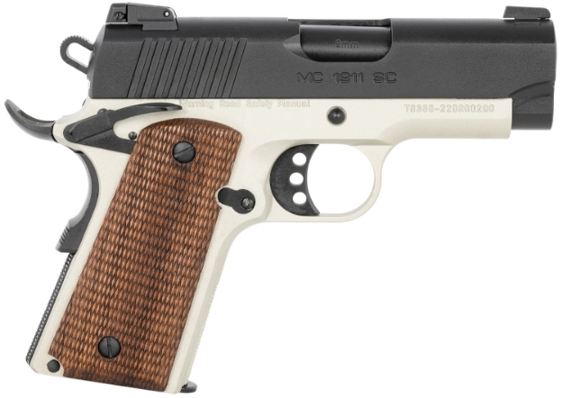 Picture of Eaa Girsan Mc1911sc Officer Compact 9Mm Luger 7+1 3.40" Black Steel Barrel, Black Serrated Slide, Stainless W/Black Controls Aluminum Frame W/Beavertail, Checkered Laminate Grips Ambidextrous 