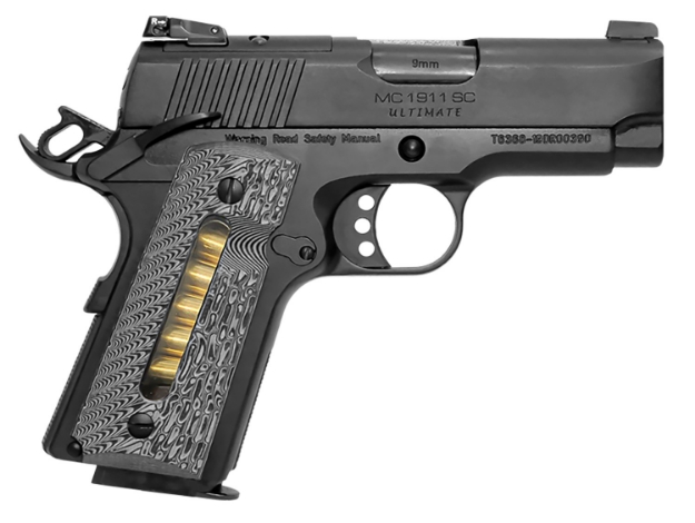 Picture of Girsan Mc1911 Sc Ultimate 45 Acp Caliber With 3.40" Barrel, 6+1 Capacity, Black Finish Extended Beavertail Frame, Serrated/Optic Cut Blued Steel Slide & G10 With Integrated Capacity Window Grip