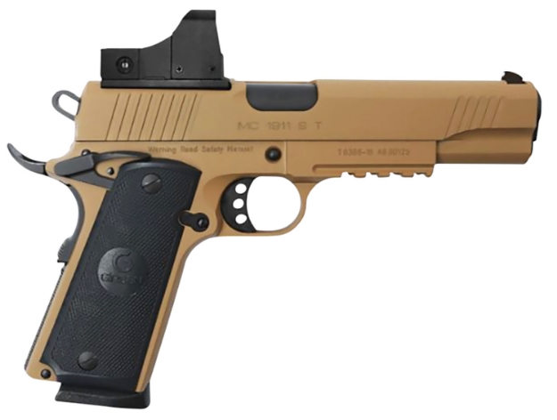 Picture of Girsan Mc1911 S 45 Acp 5" 8+1 Overall Flat Dark Earth Finish With Extended Beavertail Frame, Serrated Steel With Optic Cut Slide, Checkered Black Polymer Grip & Picatinny Rail Includes Red Dot 