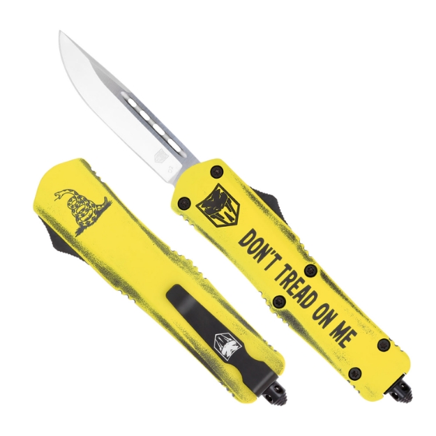 Picture of Cobratec Knives Fs-3 Don't Tread On Me Medium 3" Otf Drop Point Plain D2 Steel Blade Yellow W/"Don't Tread On Me" Aluminum Cerakoted Handle Features Glass Breaker Includes Pocket Clip 