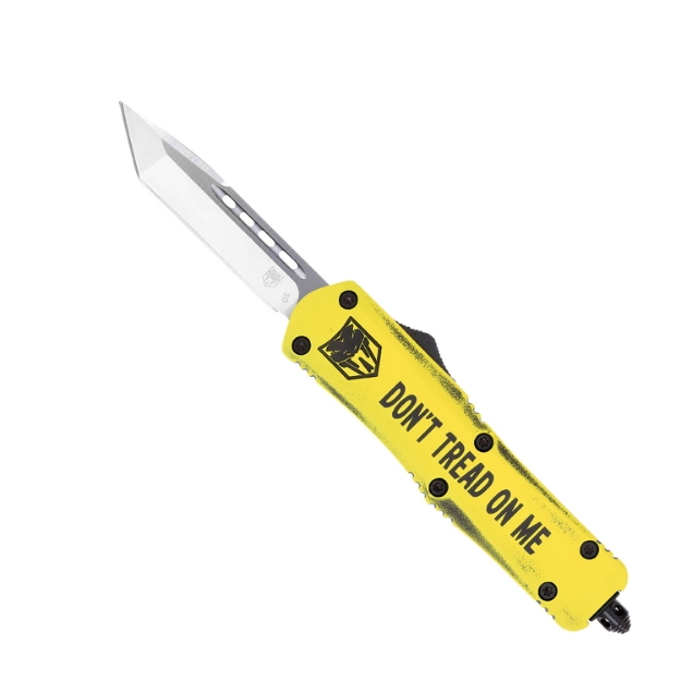 Picture of Cobratec Knives Fs-3 Don't Tread On Me Medium 3" Otf Tanto Plain D2 Steel Blade Yellow W/"Don't Tread On Me" Aluminum Cerakoted Handle Features Glass Breaker Includes Pocket Clip 