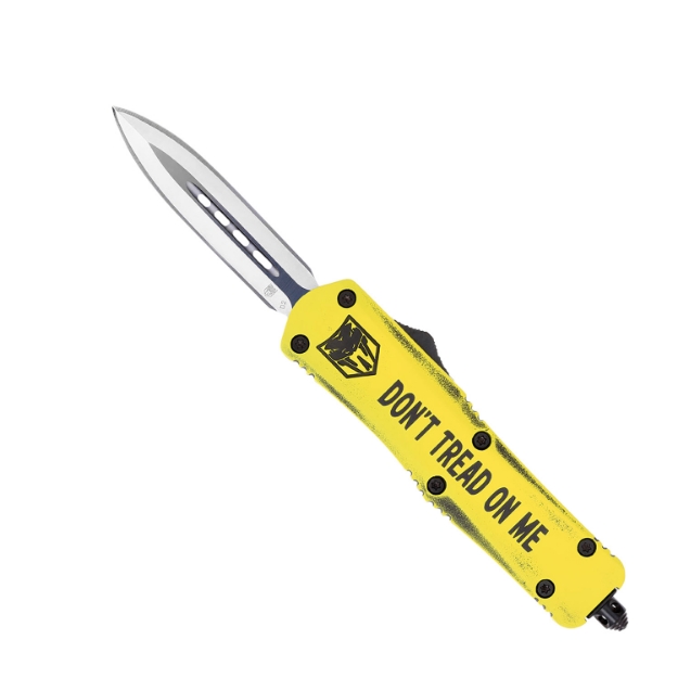 Picture of Cobratec Knives Fs-3 Don't Tread On Me Medium 3" Otf Dagger Plain D2 Steel Blade Yellow W/"Don't Tread On Me" Aluminum Cerakoted Handle Features Glass Breaker Includes Pocket Clip 