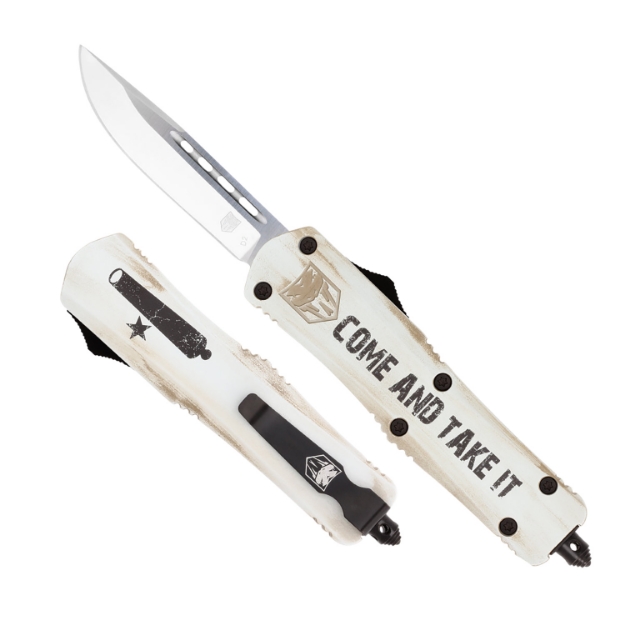 Picture of Cobratec Knives Fs-3 Come And Take It 3" Otf Drop Point Plain 154Cm Ss Blade White W/"Come And Take It" Aluminum Cerakoted Handle Features Glass Breaker Includes Pocket Clip 