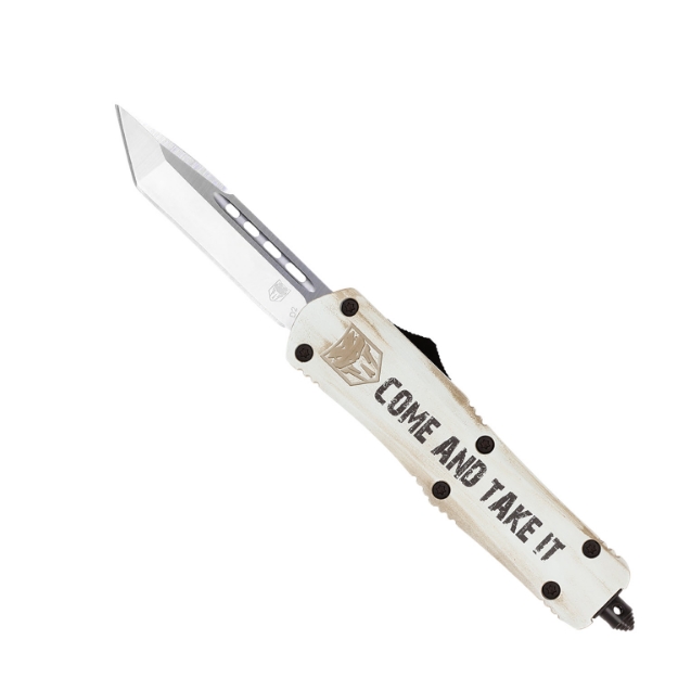 Picture of Cobratec Knives Fs-3 Come And Take It 3" Otf Tanto Plain D2 Steel Blade/White W/"Come And Take It" Cerakoted Aluminum Handle Features Glass Breaker Includes Pocket Clip 