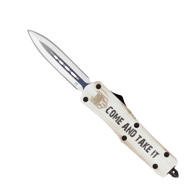 Picture of Cobratec Knives Fs-3 Come And Take It Medium 3" Otf Dagger Plain D2 Steel Blade White W/"Come And Take It" Aluminum Cerakoted Handle Features Glass Breaker Includes Pocket Clip 