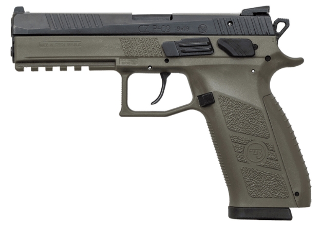 Picture of Cz-Usa P-09 9Mm Luger 10+1 4.54" Black Nitride Inside Railed Slide, Od Green Polymer Frame W/Picatinny Rail, Stippled Od Green Interchangeable Backstrap Grips 