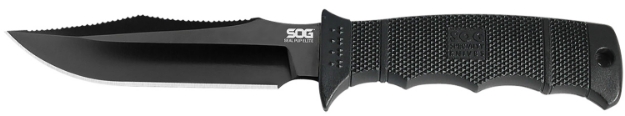 Picture of S.O.G Seal Pup Elite 4.85" Fixed Clip Point Plain Black Hardcased Ticn Aus-8A Ss Blade/Black W/Grip Lines Grn Handle Includes Lanyard/Sheath 