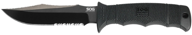 Picture of S.O.G Seal Pup Elite 4.85" Fixed Clip Point Part Serrated Black Hardcased Ticn Aus-8A Ss Blade/Black W/Grip Lines Grn Handle Includes Lanyard/Sheath 