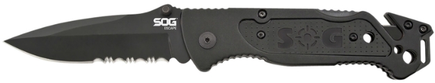 Picture of S.O.G Sog-Ff25-Cp Escape 3.40" Folding Clip Point Part Serrated Black Hardcased 9Cr18mov Ss Blade Black Anodized Aluminum Handle Includes Belt Clip 