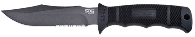 Picture of S.O.G Sog-M37n-Cp Seal Pup 4.75" Fixed Clip Point Part Serrated Powder Coated Aus-8A Ss Blade Black W/Raised Diamond Pattern Grn Handle Includes Lanyard/Sheath 