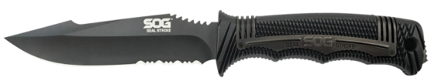 Picture of S.O.G Seal Strike 4.90" Fixed Clip Point Part Serrated Aus-8A Ss Blade Black Textured Grn/Ss Handle Includes Belt Clip/Sheath 