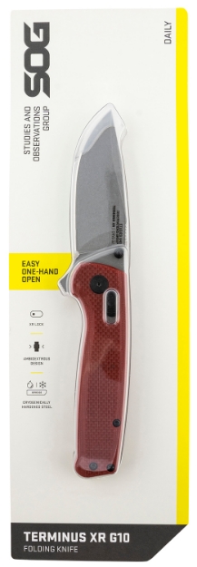 Picture of S.O.G Terminus Xr 2.95" Folding Clip Point Plain Stonewashed D2 Steel Blade Crimson Textured G10 Handle Includes Pocket Clip 