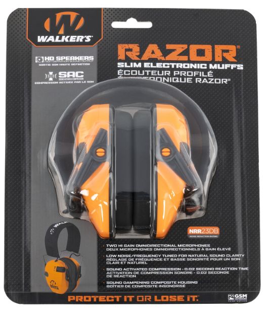 Picture of Walker's Razor Slim Electronic Muff Polymer 23 Db Over The Head Blaze Orange/Black Adult 