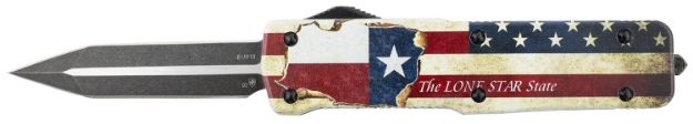 Picture of Templar Knife Premium Weighted Large 3.55" Otf Dagger Plain Black Oxide Stonewashed Powdered D2 Steel Blade/5.25" Red/White/Blue W/"The Lone Star State" Aluminum Zinc Alloy Handle 