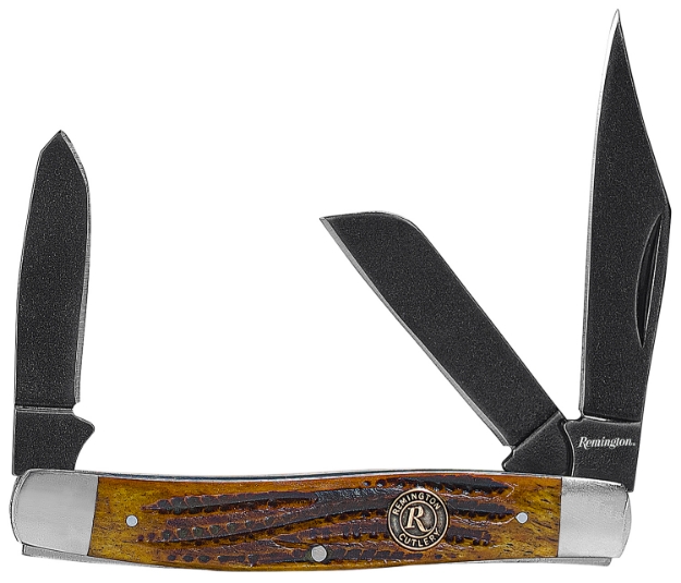 Picture of Remington Accessories Backwoods Stockman Folding Stonewashed Carbon Steel Blade Coffee Brown W/Remington Medallion Bone Handle 