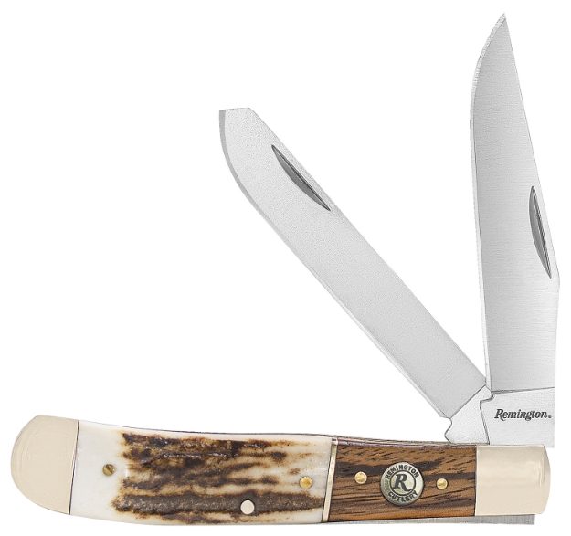 Picture of Remington Accessories Guide Trapper Folding Stainless Steel Blade Brown/White/Silver W/Remington Shield Stag Bone/Nickle Handle 