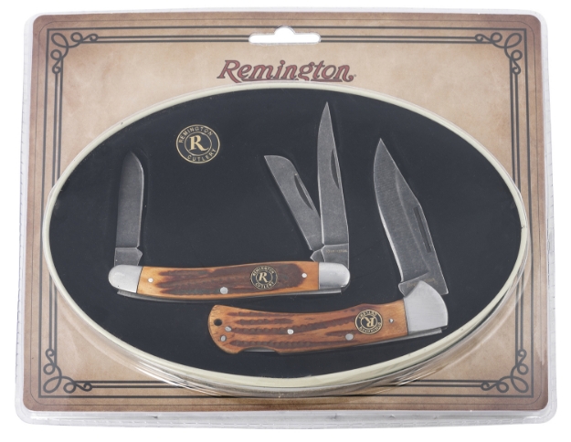 Picture of Remington Accessories American Tradition Tin Collector Gift Set 3.50" Lockback/3.50" Stockman V-Flat Stonewashed Coffee Brown W/Remington Medallion Includes 