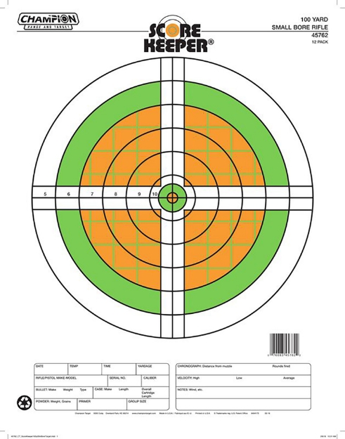 Picture of Champion Targets Score Keeper Sight-In Bullseye Paper Hanging 100 Yds Small Bore Rifle Fluorescent Green & Orange/White 12 Pk 