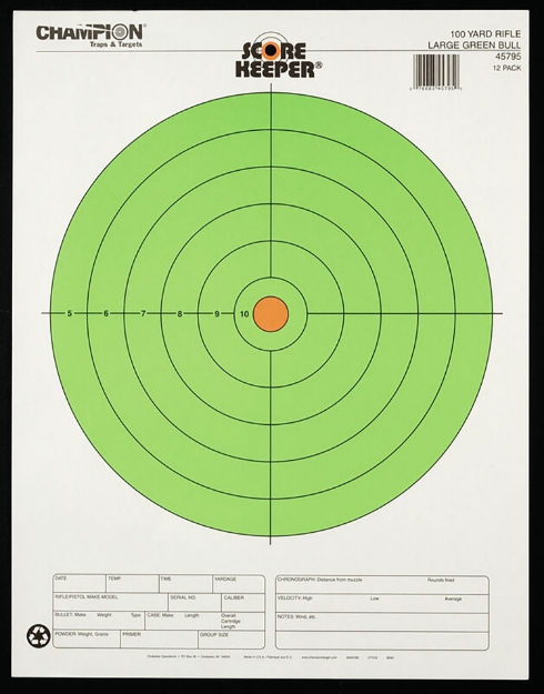 Picture of Champion Targets Score Keeper Bullseye Paper Hanging 100 Yds Rifle Large Fluorescent Green & Orange 12 Pk 