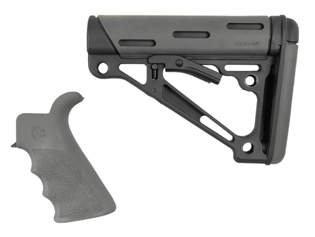 Picture of Hogue Overmolded Collapsible Buttstock Black Synthetic & Slate Gray Overmolded Rubber Stock Slate Gray Rubber Finger Grooved Grip For Ar-15, M16 With Mil-Spec Buffer Tube (Tube Not Included) 