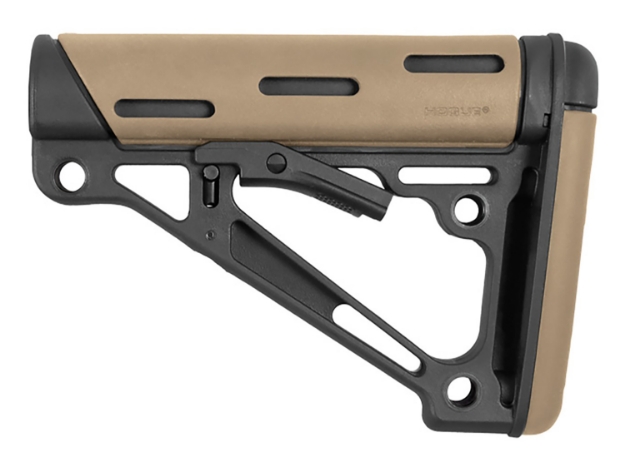 Picture of Hogue Overmolded Collapsible Buttstock Made Of Synthetic Material With Black Finish & Flat Dark Earth Overmolded Rubber For Ar-15, M16, M4 With Mil-Spec Buffer Tube (Tube Not Included) 