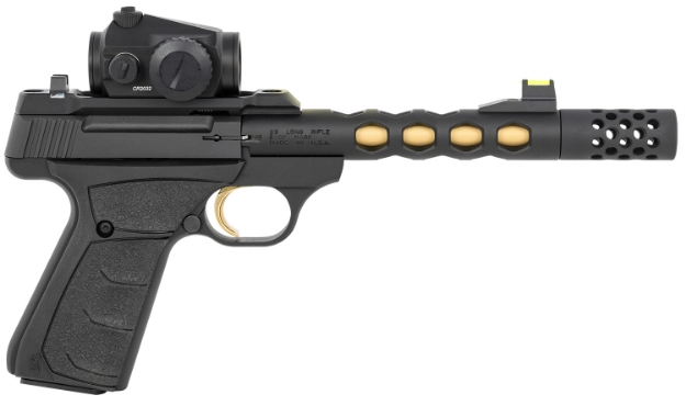 Picture of Browning Buck Mark Vision 22 Lr Caliber With 5.90" Barrel, 10+1 Capacity, Matte Black Aluminum Frame, Ported Barrel With Gold Inner Cerakote, & Black Rubber Overmolded Grip 