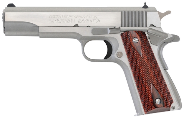 Picture of Colt Mfg 1911 Government 45 Acp Caliber With 5" Barrel, 8+1 Capacity, Overall Brushed Stainless Steel, Double Diamond Checkered Wood Grip 