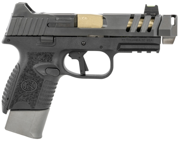 Picture of Fn 509 Cc Edge 9Mm Luger 12+1/15+1 (2) 4.20" Threaded Gold Barrel, Black Frame, Graphite Optic & Lightening Cut Slide, Optic Height Fiber Optic Sights, Compensator (No Manual) 