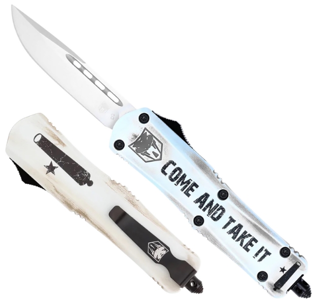 Picture of Cobratec Knives Fs-3 Come And Take It Small 3" Otf Drop Point Plain D2 Steel Blade 4.50" White "Come And Take It" Aluminum Cerakoted Handle Includes Glass Breaker/Pocket Clip 