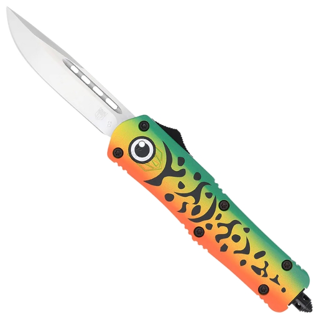 Picture of Cobratec Knives Fs-3 Green Lure Medium 3" Otf Drop Point Plain D2 Steel Blade 4.50" Green Fishing Lure Aluminum Cerakoted Handle Includes Glass Breaker/Pocket Clip 