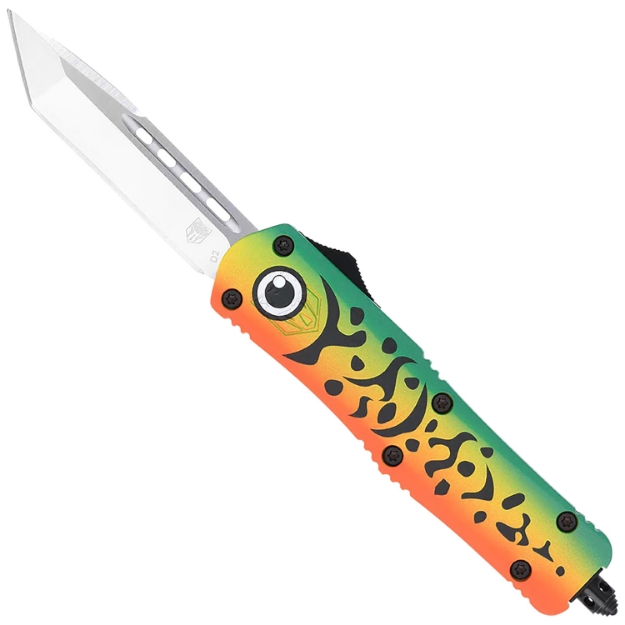 Picture of Cobratec Knives Fs-3 Medium 3" Otf Tanto Plain D2 Steel Blade 4.50" Green Fishing Lure Aluminum Cerakoted Handle Includes Glass Breaker/Pocket Clip 